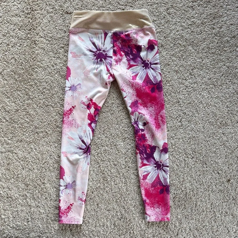 Justice Girls Size 7 Floral Leggings Pink Stretch Pants Gold Elastic Waist